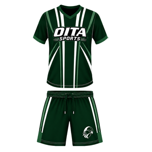 Ensemble short et maillot de rugby vert foncé et blanc, col en V, manches courtes, uniforme d'équipe respirant et léger, kit de sport personnalisé pour l'entraînement - Product Image 1