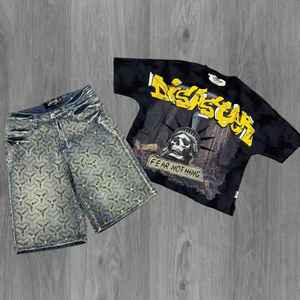 Unisex Solid Vintage Streetwear Snow Wash Breathable 100% Cotton Shorts Set <b>T</b>-<b>Shirt</b> Men's Knitted Summer Wear - Product Image 2
