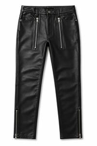 Men's Premium Genuine Leather <b>Vintage</b> Fit Black <b>Pants</b> Anti-Wrinkle Windproof Midweight Flat Front Side Pockets Custom OEM - Product Image 2