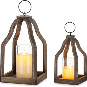Farmhouse Decorative <b>Lantern</b> Wooden <b>Set</b> of 2 Rustic Wood <b>Lanterns</b> Candle Holder for Wedding Table Centerpieces Indoor Outdoor - Product Image 1