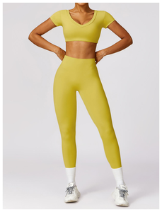 2 Piece Yoga Set Square Neck Long Sleeve Crop Top High Waist Full Length <b>Leggings</b> Seamless Racerback Sport Wear - Product Image 2