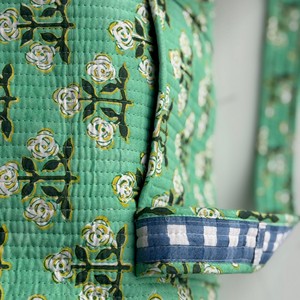 Green Floral Quilted <b>Duffel</b> <b>Bag</b> With Zipper Closure Large Capacity Travel Weekender Textile Material Blue Checkered Handles - Product Image 5