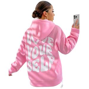 Sweat à capuche ample pour femme, rose, imprimé devant, manches longues, style streetwear décontracté, idéal pour l'hiver - Product Image 1