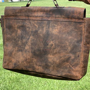 Distressed Genuine Leather Laptop <b>Bag</b> for <b>Men</b> Vintage Brown Dual Front Pockets Rustic Satchel <b>Messenger</b> Crossbody Travel - Product Image 3