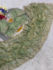 Sari de Organza de Diseño con Lentejuelas y Bordados, Blusa para Bodas y Fiestas, Sari Tradicional Indio - Product Image 6