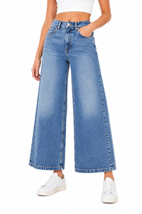 Jean en denim taille haute pour femme, coupe palazzo ample et droite, bleu, élégant et décontracté, style oversize - Product Image 1