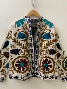 Suzani Embroidery <b>Velvet</b> Fabric Breathable Cotton Stand Collar <b>Women's</b> Indian Winter <b>Jacket</b> - Product Image 3