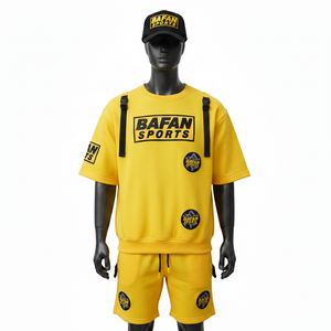 Conjunto de Sudadera y Pantalones Cortos de Felpa para Hombre, Algodón y Poliéster, Tela Suave, Amarillo Brillante, Logotipo Personalizado, Ropa Deportiva - Product Image 1