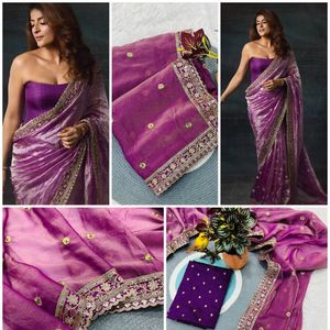 Sari en soie mocha pure et douce avec broderie à cordon de paillettes, motif Zari Butti et blouse jacquard – Prix de gros par Royal Export - Product Image 4
