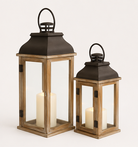 Handmade <b>Set</b> of 2 Farmhouse Wooden <b>Candle</b> Lanterns with Metal Top Decorative Lantern for Indoor Outdoor Home Decor Best Price - Product Image 3