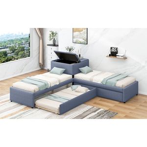Letto a piattaforma a L grigio imbottito con letto estraibile e due cassetti collegati a scrivania integrata - Product Image 4