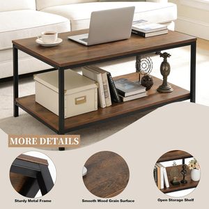 Rustic Brown <b>Coffee</b> <b>Table</b> with Storage Shelf <b>Rectangle</b> Wood Metal Center <b>Table</b> for Living Room Small Apartment Stand - Product Image 5