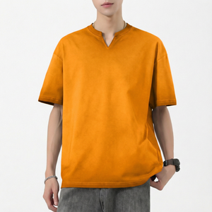T-shirt décontracté à col en V surdimensionné pour homme, manches courtes, gris uni, tricoté - Product Image 3