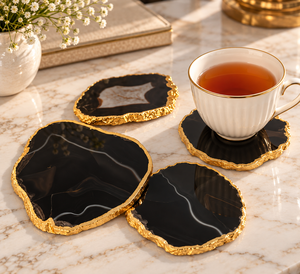 Premium Quality Polished Black <b>Agate</b> Slice <b>Coasters</b> with Gold Edge Free Form Reusable Home Decor Gemstone Craft - Product Image 5