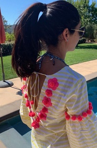 Amazing Mummy & Me <b>Matching</b> Perfect Fit White & Yellow Striped Summer Outfit Decorated With Floral Embroidered & Pom Pom Trim - Product Image 2