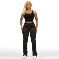 Pantalon de jogging taille haute pour femme avec logo personnalisé imprimé sur toute la surface, orné de strass, décontracté, avec cordon de serrage