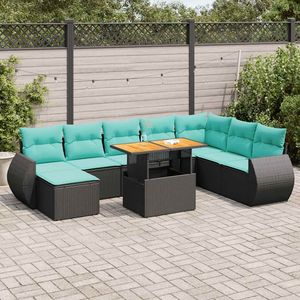 Juego de sofás de patio de ratán sintético negro de 9 piezas con cojines, muebles elegantes para exteriores - Product Image 1