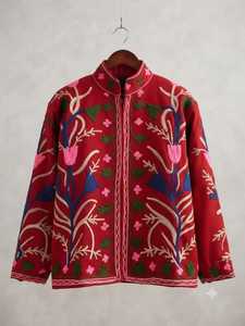 CHOHAN TEXTILE Red Embroidered Knitted Women's Quilted Jacket Ruffles Floral Pattern Stand Collar Zip-Up Coat 100% Cotton Ethnic - Product Image 1