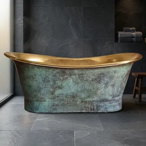 Bañera de latón de base recta con acabado exterior en pátina y interior en latón pulido, bañera independiente hecha a mano, estilo vintage de lujo - Product Image 2