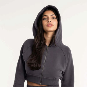 Sudadera con Capucha Corta Gris Oscuro para Mujer, Personalizada al por Mayor, de Manga Larga, Color Sólido, de Forro Polar, para Otoño - Product Image 1