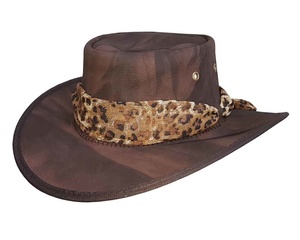 Chapeau de cowboy en cuir marron style western avec bande imprimée léopard et large bord – Accessoire de mode extérieur - Product Image 1