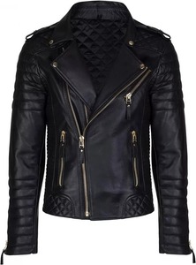<b>Men</b>’s Black Leather Cafe Racer Quilted <b>Biker</b> <b>Jacket</b> - Product Image 1