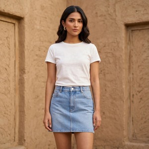 Mini-jupe en jean taille haute personnalisée pour femmes |   Jupe trapèze bleu clair délavée |   Jupe en jean formelle Y2K à étiquette privée pour l'automne - Product Image 1