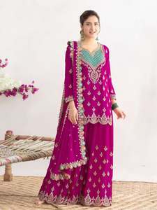Traje Salwar de seda Chinon listo para usar, con bordado de diseño, trabajo de codificación de secuencias y trabajo de diamantes con espejo, completamente cosido. - Product Image 1