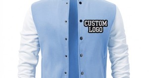 Custom Logo Embroidered Varsity <b>Jacket</b> <b>Men</b> Light Blue White Sleeve Preppy Style Baseball Coat Autumn Casual Wear - Product Image 5