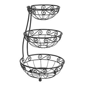 Corbeille à fruits décorative à trois niveaux en métal noir avec motif festonné pour une décoration élégante de la cuisine et de la maison, support de rangement et de présentation - Product Image 1