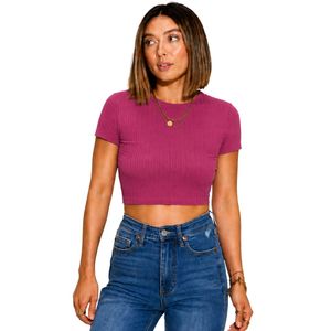 Top Corto Acanalado Magenta para Mujer, Manga Corta, Cuello Redondo, Ajuste Delgado, Camiseta Casual de Punto, Moda de Verano, Algodón Elástico y Spandex, Básico - Product Image 1