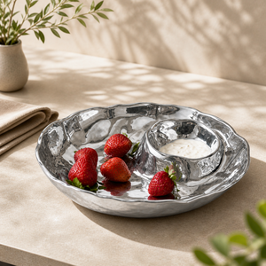 Plateau de service en acier inoxydable martelé avec bol à sauce, durable, sûr pour les aliments, élégant, pour fruits, apéritifs et traiteur - Product Image 1