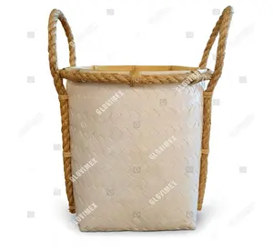Cesta de bambú blanca con asas de cuerda, utensilios de cocina, almacenamiento de fruta, artículos diversos, servicio