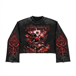 Camiseta de Manga Larga Corta Oversize Personalizada para Hombre, Negra, con Lavado Vintage, Estampado de Letras, Pedrería, Cierre de Cinturón Casual, 100% Algodón - Product Image 1