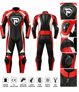 DUMELA INTERNATIONAL Red Black <b>White</b> Leather Adult Motorcycle Racing <b>Suit</b> Full <b>Body</b> Protection Abrasion Resistant Windproof - Product Image 3