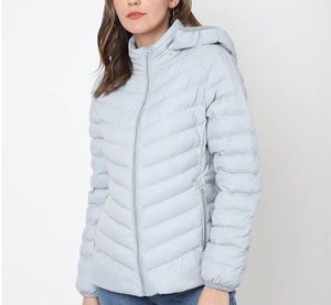 <b>Light</b> Gray Hooded <b>Puffer</b> <b>Jacket</b> Women's Autumn Casual Outerwear Solid Color Polyester Shell Zipper Closure Thin Fit - Product Image 1