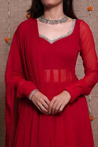 Red Floor-Length Anarkali <b>Suit</b> With Silver Traditional Indian Pakistani Wear <b>Women's</b> <b>Wedding</b> <b>Dress</b> Regular Fit - Product Image 4