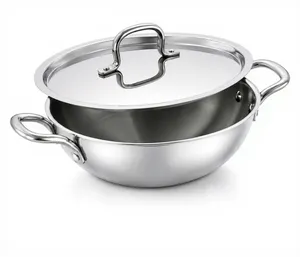 Stainless Steel Kadai Deep Cooking <b>Pan</b> with <b>Lid</b> Heavy Duty Indian Wok <b>Frying</b> Saute <b>Pan</b> for Kitchen Cooking - Product Image 1
