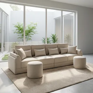 Canapé trois places en tissu minimaliste avec dossier rembourré et accoudoirs capitonnés, canapé-lit rembourré pour salon, couleur beige - Product Image 3