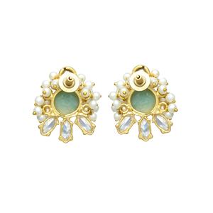Vintagelike Round Faceted Opalite & Small Round <b>Pearl</b> Stud <b>Earrings</b> Beautiful Statement for Women for Weddings Mainly Made Brass - Product Image 3