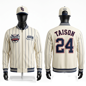Veste d'entraînement de baseball pour hommes, 325 GSM, mélange de coton et de polyester doux, crème, rayures marine, style varsity, logo brodé en chenille - Product Image 1