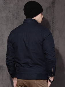 Chaqueta Bomber Azul Marino para Hombre, Color Sólido, Cierre de Cremallera, Resistente al Viento, Informal, para Otoño, Relleno de Poliéster, Corte Regular - Product Image 3