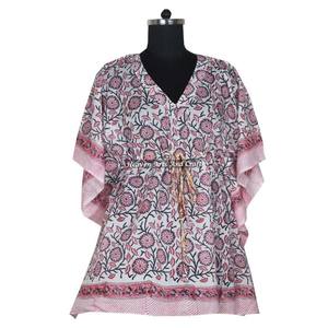 Robe Kaftan pour femmes en coton 100% - Imprimé à la main - KFCS097 - Légère - Vêtement décontracté pour occasions spéciales - Robe Kaftan courte - Product Image 6