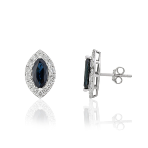 Boucles d'oreilles clous en or blanc K14 massif avec saphir bleu et diamant naturels 6x11mm, style cluster, dernières nouveautés OEM ODM, bijoux de déclaration - Product Image 3