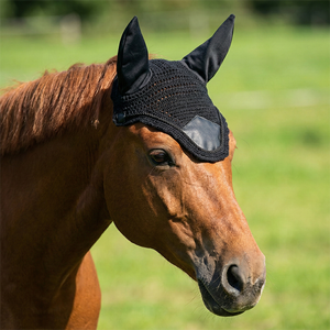 Voile anti-mouches pour cheval noir en crochet de haute qualité, rembourré et confortable, avec protège-oreilles souples, bonnet équestre fait main - Product Image 2
