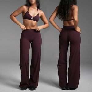Women Two Piece Workout Set High Waist Wide Leg Yoga Pants Halter Neck Sports Bra Activewear Athletic Gym Clothing Suit - Product Image 1