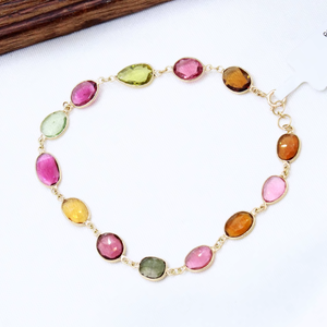 18k Yellow Gold Geometric Natural Multi Tourmaline <b>Gemstone</b> Chain <b>Bracelet</b> for Women Handmade Fine Jewelry Engagement Wedding - Product Image 6