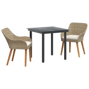 Conjunto de Comedor de Jardín de 3 Piezas en Poliratán Beige con Cojines, Estructura de Acero, Muebles de Exterior Contemporáneos - Product Image 2