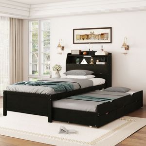 Letto a piattaforma in legno con luci LED, misura Twin, con letto estraibile e cassetti contenitore nella testiera (Vecchio SKU N820S00008D) - Product Image 1