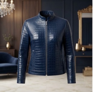 Blue Crocodile Embossed Faux <b>Leather</b> <b>Moto</b> <b>Jacket</b> <b>Women</b> Stand Collar Full Sleeve Autumn Windproof Regular Length - Product Image 1